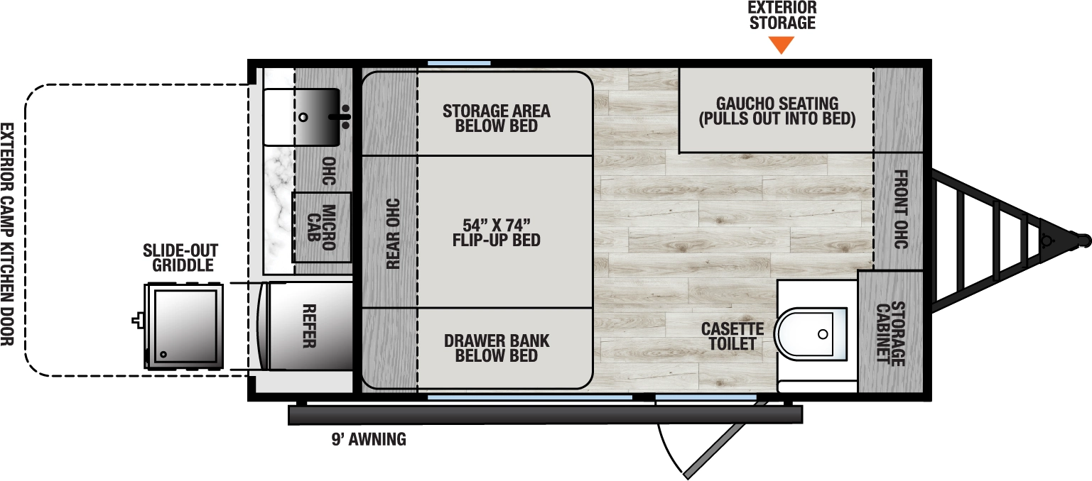 The Clipper 9000 Series & 12000 Series 12000ROK floorplan has one entry and zero slide outs. Exterior features include: metal exterior, 9' awning and outside kitchen. 